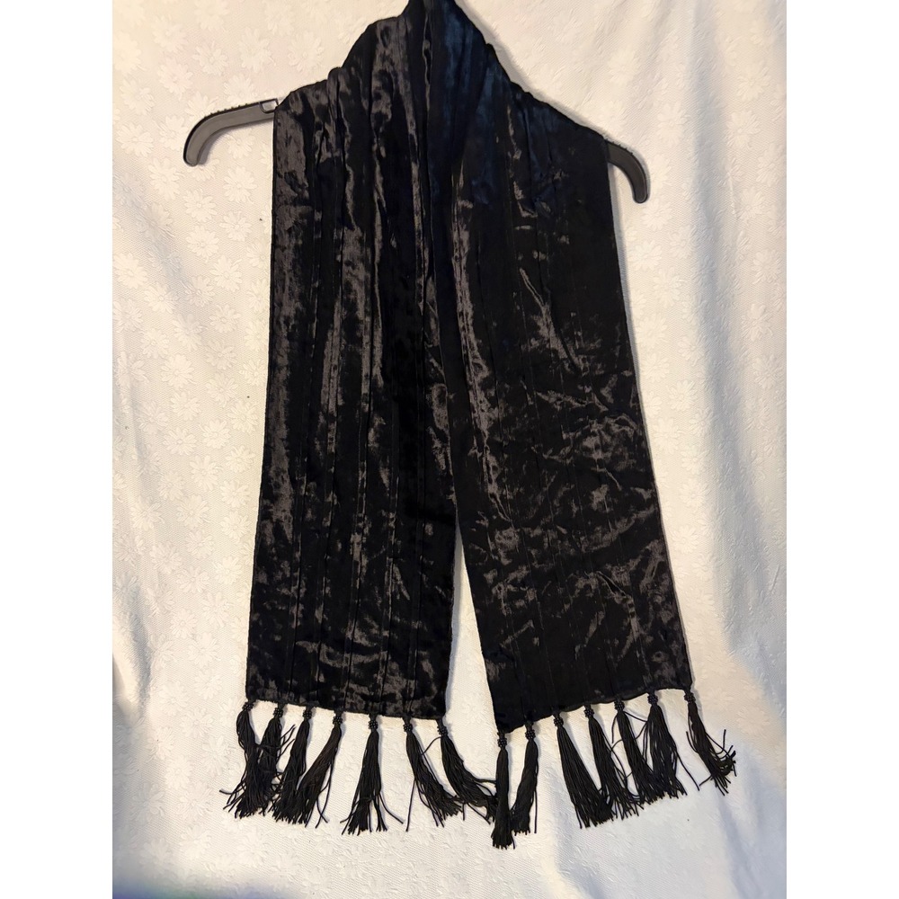 Vintage Black Crushed Velvet Scarf Whimsigoth70s Rock Beaded Tassel Trim Gothic